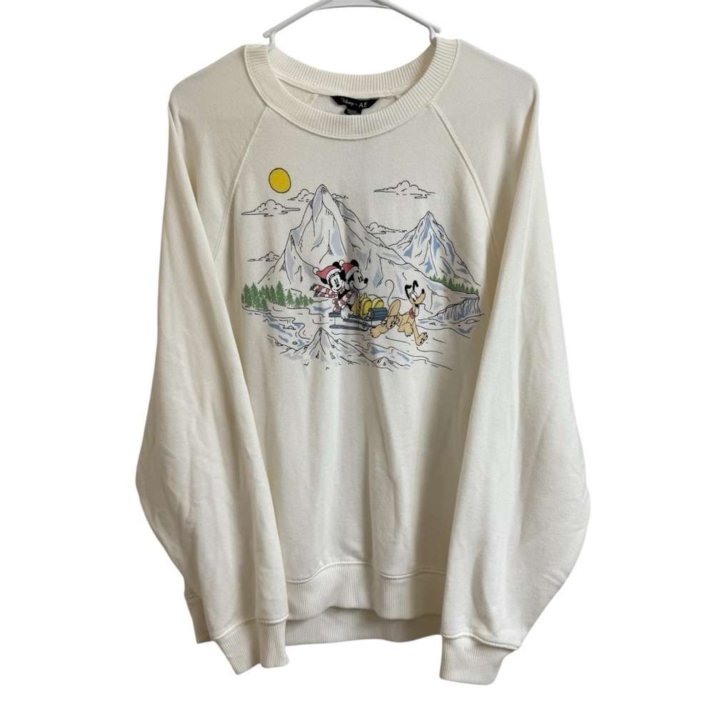 Disney X AE American Eagle Sweatshirt Women Sz L Mickey Minnie Pluto Sleigh Ride